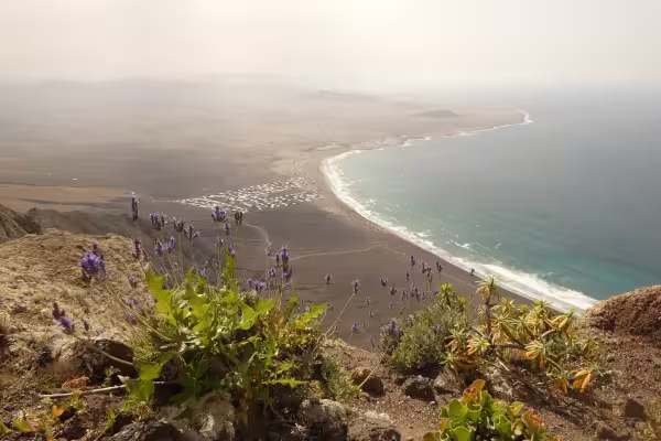 2 persons equiped with wetsuit, take-off surfschool lycra, and surfboards, carrying backpacks n their backs, smiling towards the camera in front of a beach panorama, ready to start their surflesson
